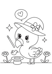 Coloring book kawaii flamingo wearing a wizard's hat, casting a spell with a magic wand