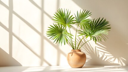 A visually balanced photo of fan palm leaves in a handcrafted clay vase, bright sunlight creating patterned silhouettes on a flat white backdrop. Simple surface styling.