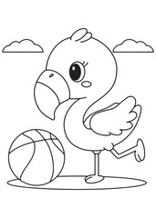 Coloring book flamingo balancing on one leg next to a basketball,