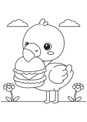 Coloring book flamingo happily holding a big, delicious burger in its beak, 