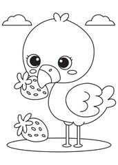Coloring book  flamingo happily holding a sweet strawberry in its beak, 
