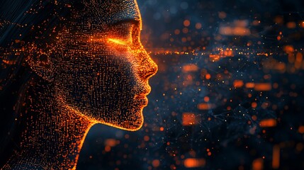 Digital female portrait, glowing with fiery particles.  A futuristic, ethereal depiction of a woman's profile, her face composed of luminous orange and gold particles, creating a mesmerizing effect.