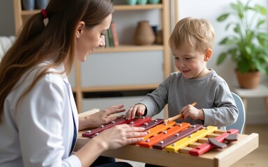 Therapist teaching a child to play the xylophone. High quality