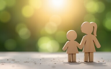 Abstract representation of parent-child relationship with wooden figures on a textured table surface showcasing love, care, and family bonds in a warm ambiance. High quality