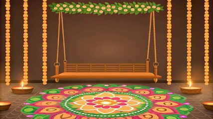 Festive Indian Wedding Swing Decor with Rangoli and Lights a beautiful scene perfect for celebration cards invitations and more