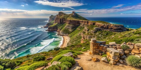Obraz premium Cliffside landscape with the Cape of Good Hope sign in foreground