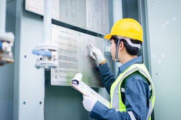 Engineer is working at high voltage substation performing inspection and check of power...
