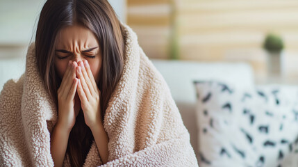 A young woman fell ill. A woman on a sofa with a napkin for a runny nose is being treated at home.