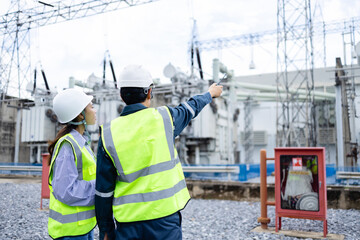 Engineer working at high voltage power substation infrastructure inspection check with safety...