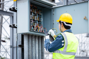Engineer is working on high voltage power substation performing inspection and check of electrical infrastructure to ensure safety and proper operation