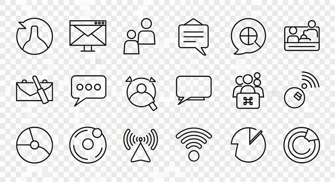 A collection of linear icons depicting communication, networking, and data analysis.