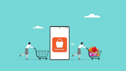 online shop or digital marketplace, woman pushing empty shopping cart through smartphone with digital marketplace coming out with full shopping cart © Vanz Studio