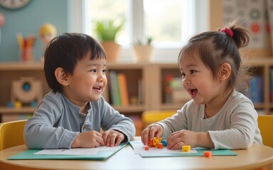Joyful Parent-Child Interaction: Adorable Toddlers Bonding and Playing in a Cheerful Childcare Classroom. High quality