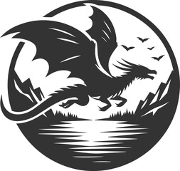 Black vector drawing of a flying dragon animal silhouette