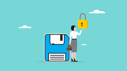 company data security to protected access control, privacy data protection, cyber security for the security of company data and information, woman carry security padlock while guarding company data