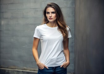 Fototapeta premium Stylish Woman in White T-Shirt and Jeans Fashion Photography