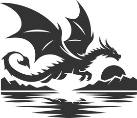 Black vector drawing of a flying dragon animal silhouette