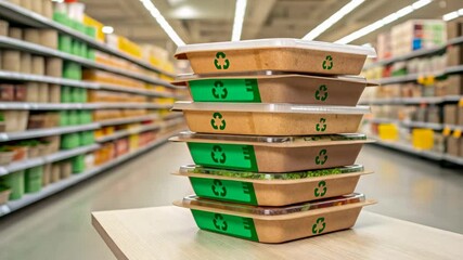 Sustainable Food Packaging in a Grocery Store Aisles showcasing eco-friendly meal prep containers and healthy eating options for consumers