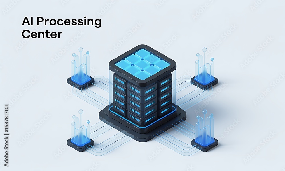 Poster ai processing center renders data, symbolizing computational power in a clean, modern concept with c