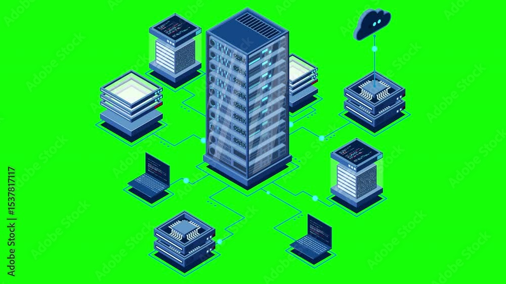 Aufkleber isometric computer technology animation. computation of big data center. cloud computing. online dev