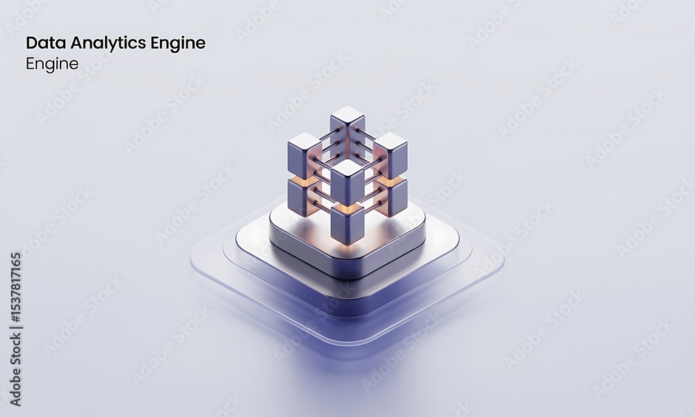 Poster data analytics engine renders a complex cube structure, signifying technology and innovation, with c