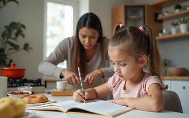 Parent-Child Bonding. Young girl studying at home while mother prepares breakfast. High quality