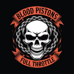 Motorcycle club emblem, angry skull with chains around. skull head logo vector