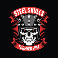 Skull biker gang logo vector design, skull wearing spiked helmet, top ribbon 'Steel Skulls', bottom ribbon 'Forever Free.