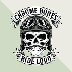 Gang skull logo vector, grinning skull with
handlebar mustache and aviator helmet, with text 