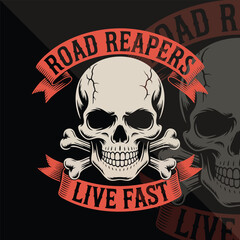 Vintage skull motorcycle crew logo, old-school tattoo style with text 