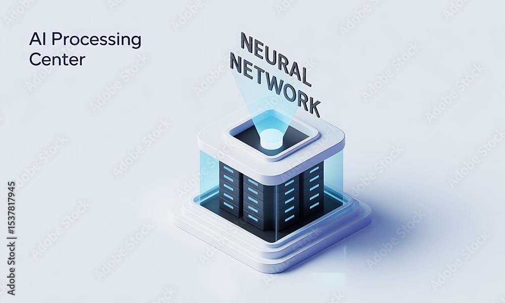 Poster ai processing center visualizes a neural network, creating a futuristic and clean technology concept