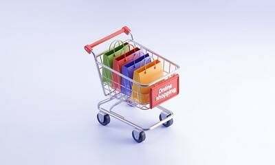 Shopping cart carries colorful bags, symbolizing online shopping, isolated on white, with copy space, for e-commerce concept, digital marketing, and 3D rendering.