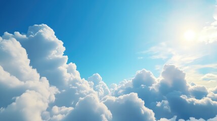 A vibrant, high-angle view of cumulus clouds against a clear, bright blue sky with a prominent sun
