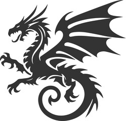 Black vector drawing of a flying dragon animal silhouette