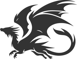 Black vector drawing of a flying dragon animal silhouette