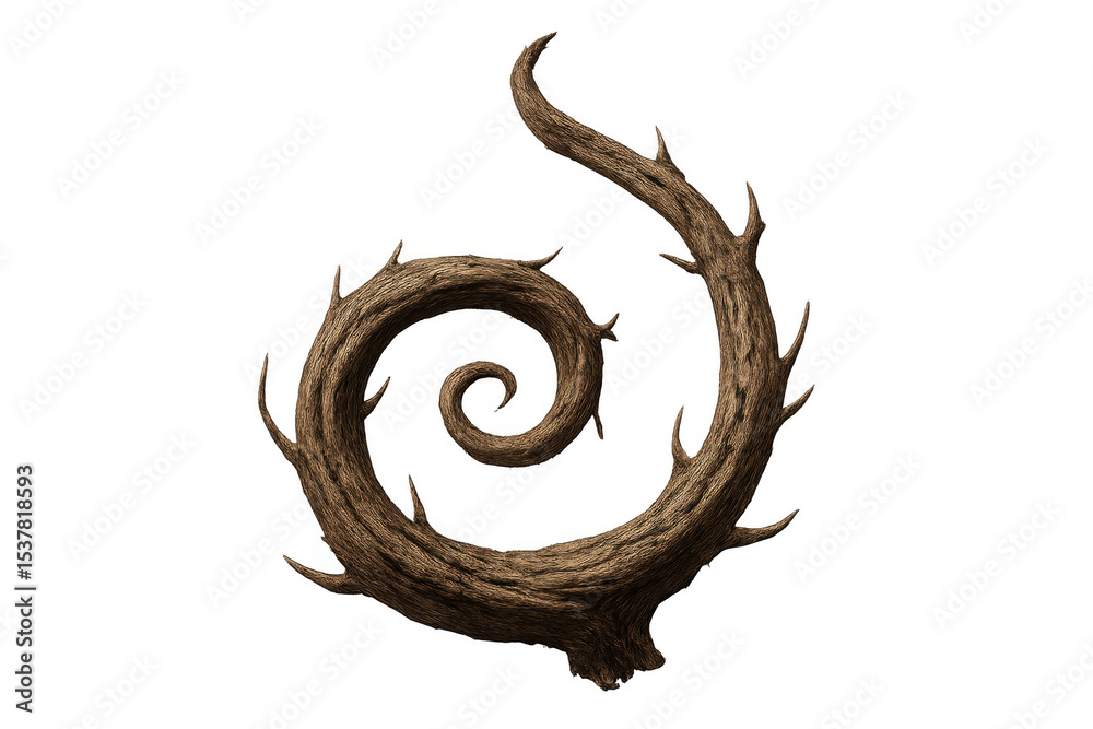 Wall mural 3d rendering of a gnarled and twisted branch with thorns creating a captivating spiral shape, isolat