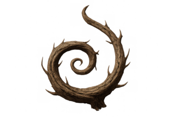 3d rendering of a gnarled and twisted branch with thorns creating a captivating spiral shape, isolated on a transparent background