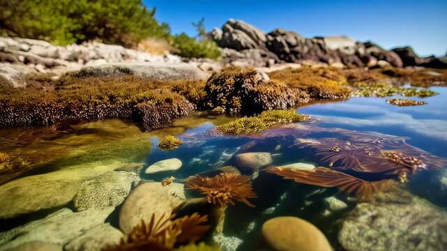 Tranquil tidal pool filled with algae, sea anemones, and smooth stones under a clear blue sky on a sunny day, with coastal rocks in the background.