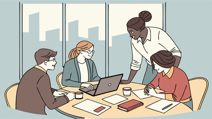 A group of diverse professionals collaborating around a table in a modern office setting with city views