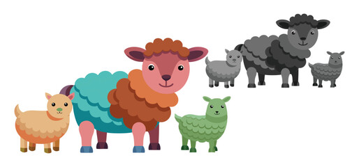 Obraz premium A charming illustration showcasing a colorful family of cartoon sheep with varying colors and adorable expressions on a white backdrop.