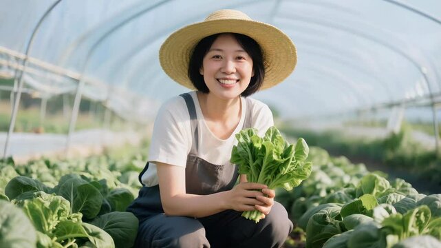 A young Asian female vegetable grower smiles.