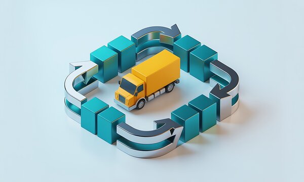 Delivery truck circulates through a streamlined, square-shaped shipping loop on a light background, symbolizing efficient logistics and supply chain management.