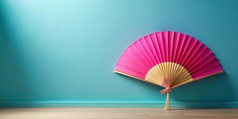 A colorful fan with vibrant pink paper spinning lazily in a quiet room