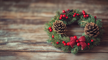 Festive Wreath Wrapped Around Pine Cone on Wooden Table - Leon Day Decor