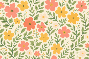 Seamless Pattern with Vibrant Yellow and Pink Flowers on Beige Background