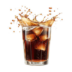 Refreshing beverage with ice cubes splashing in glass, showcasing rich brown color and bubbles, perfect for hot day
