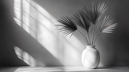 Minimalist image of fan palm leaves in a white ceramic vase, dramatic light streaming from above left, casting defined, spiky shadows on both wall and tabletop. Earth-toned interior.