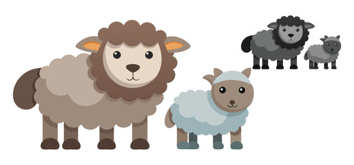 A charming vector illustration featuring various cute cartoon sheep families on a crisp, clean white background.