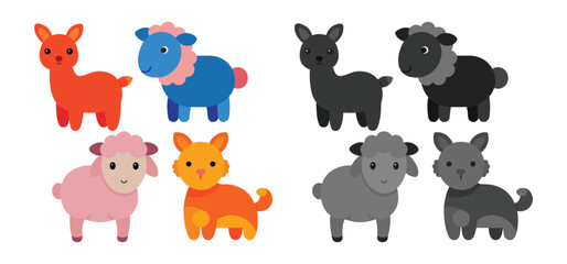 A collection of adorable cartoon llamas sheep and lambs in various bright and pastel colors on white