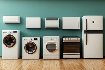 Collection of modern white appliances including refrigerator washing machines and oven displayed indoors